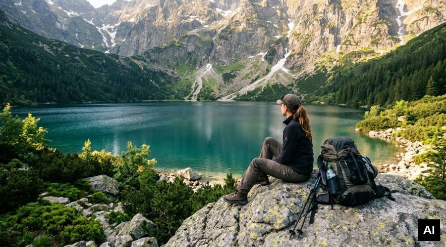 Hiker resting at alpine lake