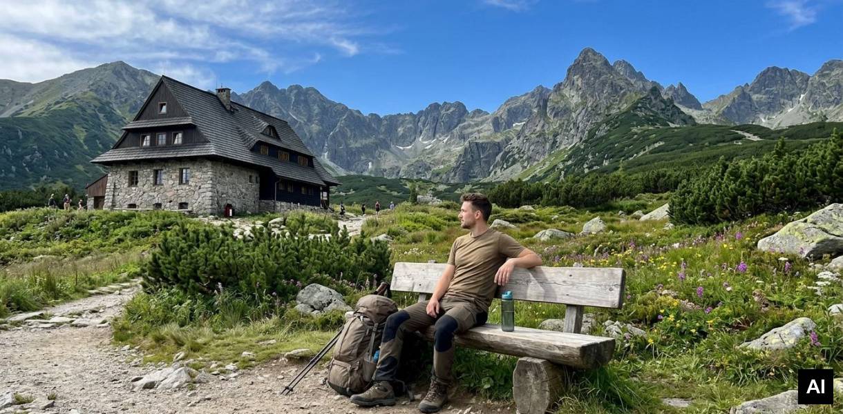 Hiker resting on wooden bench