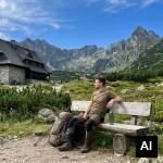 Hiker resting on wooden bench