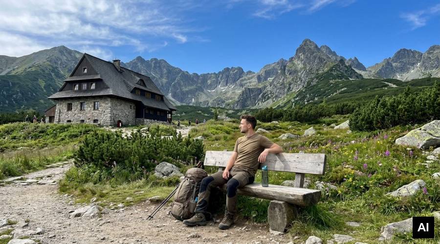 Hiker resting on wooden bench