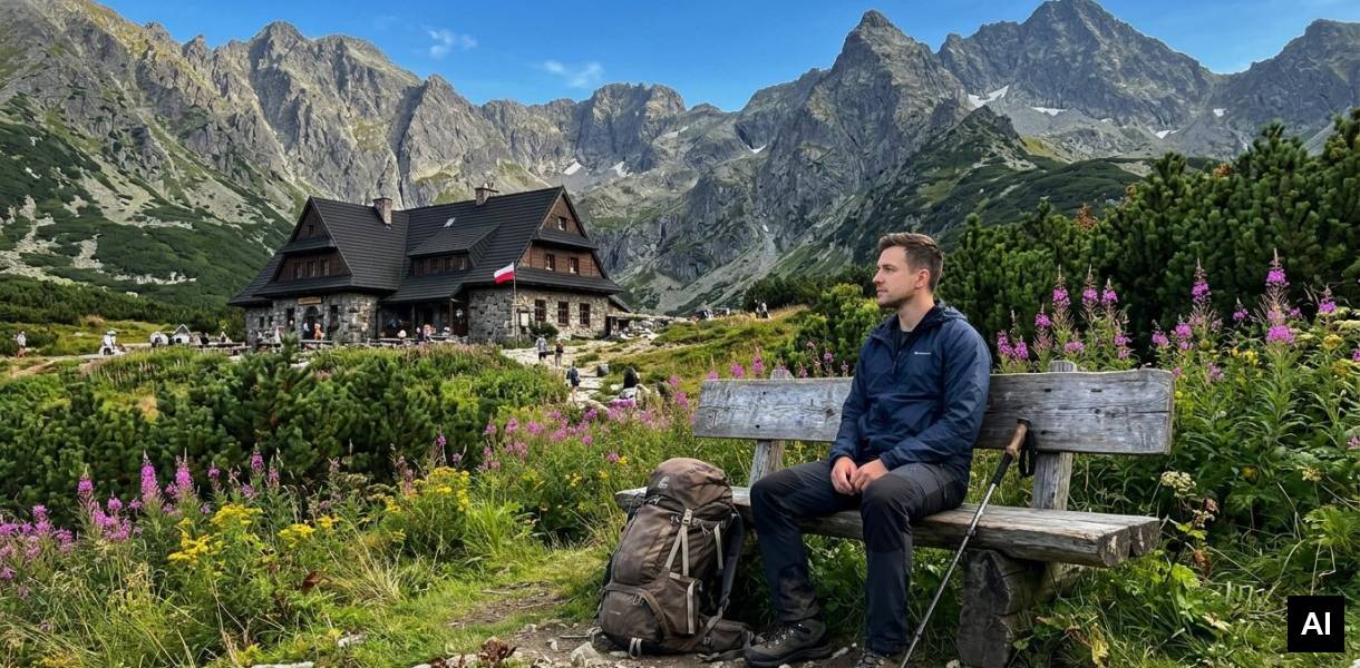 Hiker sitting on wooden bench