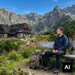 Hiker sitting on wooden bench