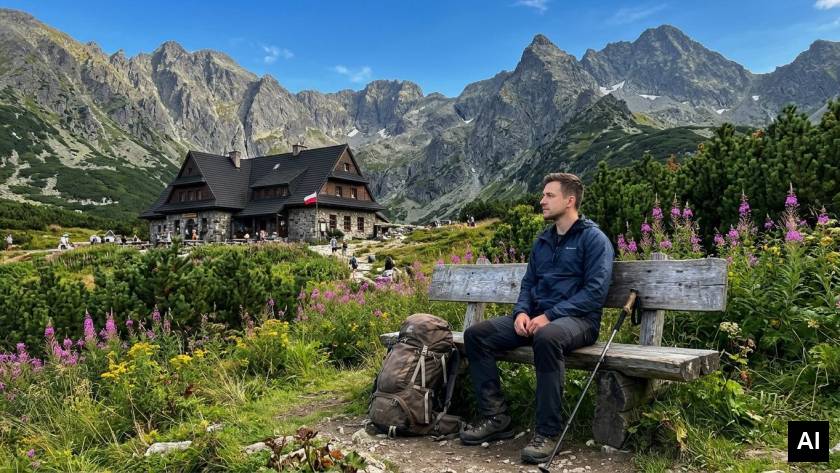 Hiker sitting on wooden bench