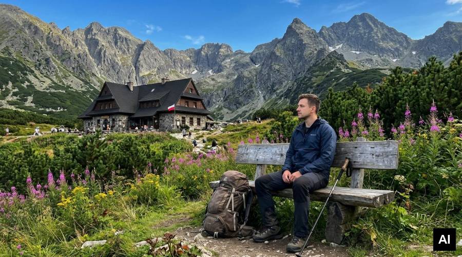 Hiker sitting on wooden bench