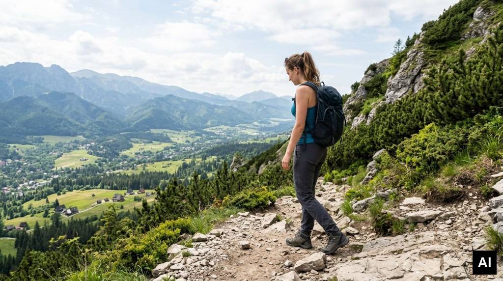 Hiker walking towards peak