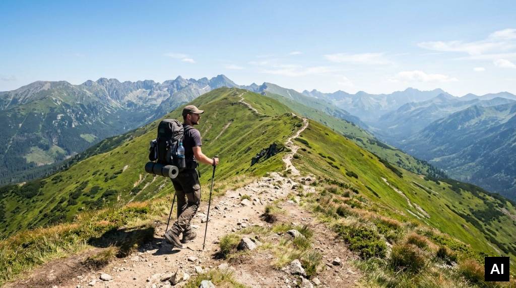 Man trekking mountain ridge
