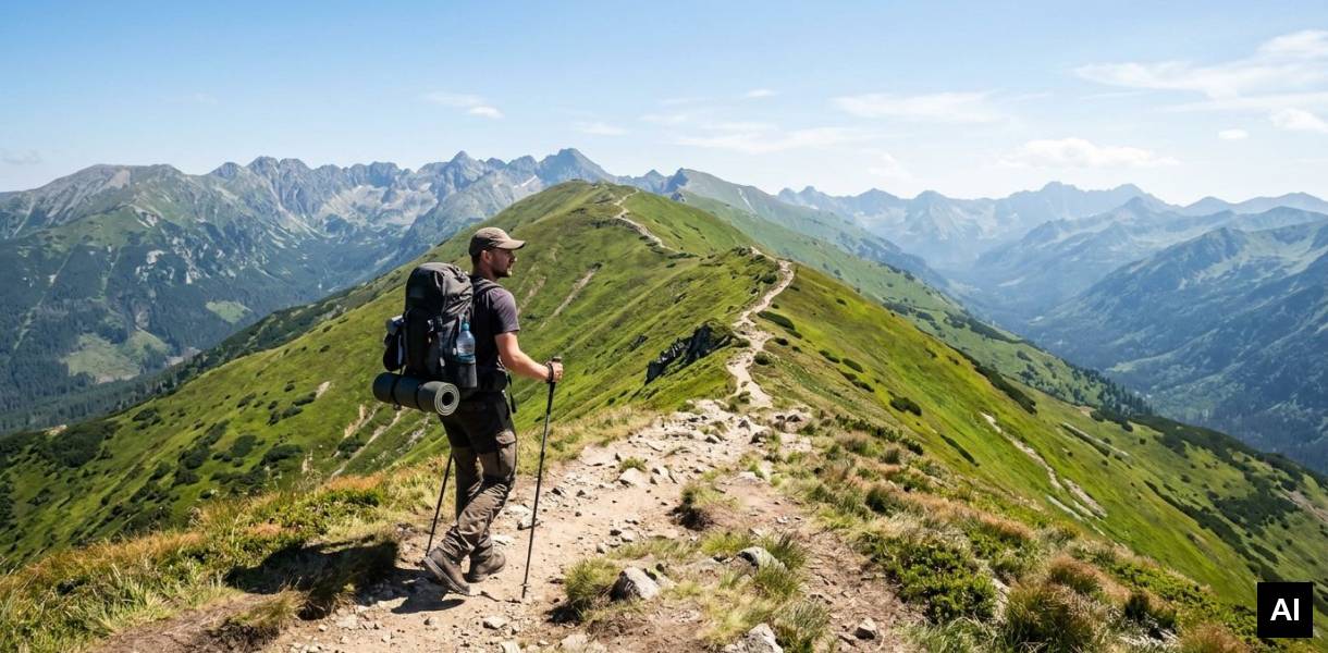 Man trekking mountain ridge