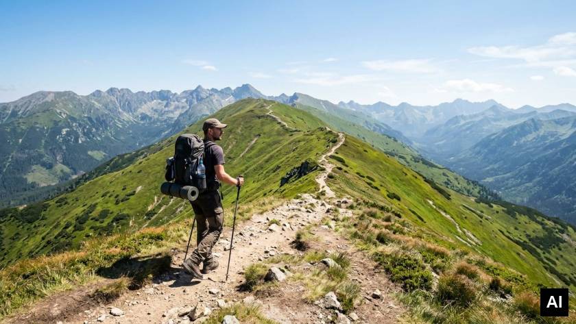 Man trekking mountain ridge