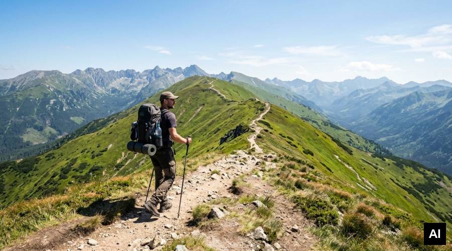 Man trekking mountain ridge