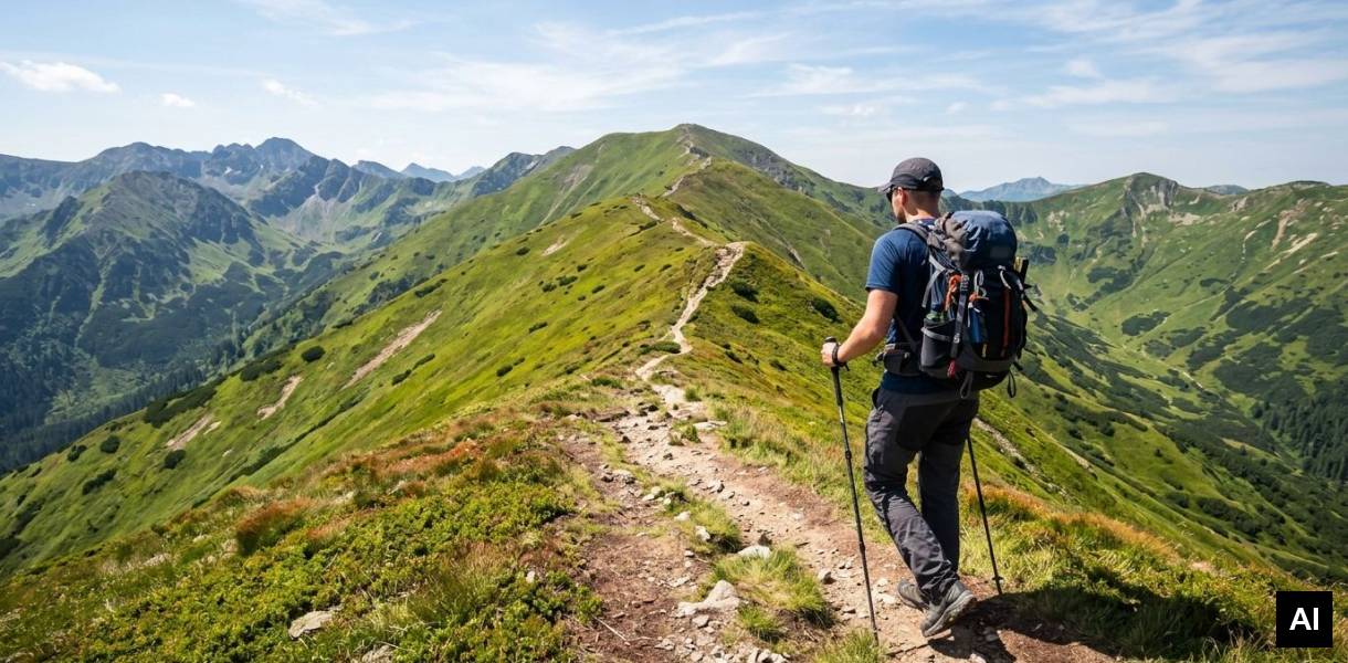 Man walking on mountain ridge
