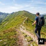 Man walking on mountain ridge