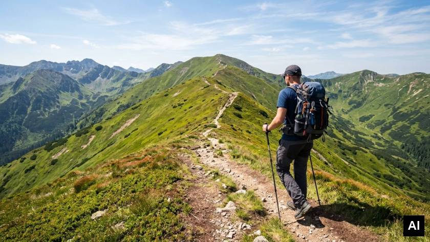 Man walking on mountain ridge