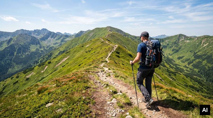 Man walking on mountain ridge