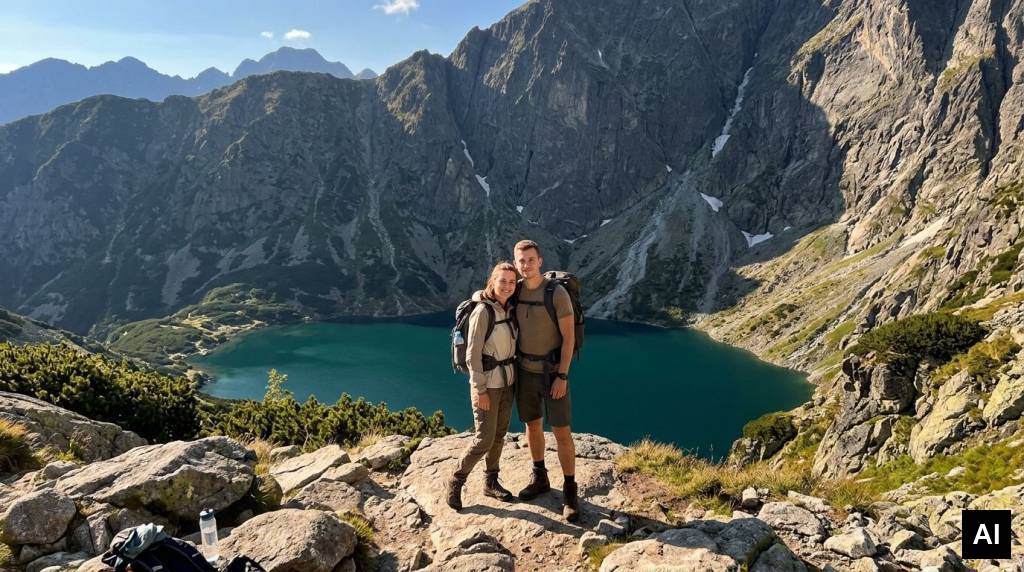 Para na skalnej półce z widokiem na Tatry