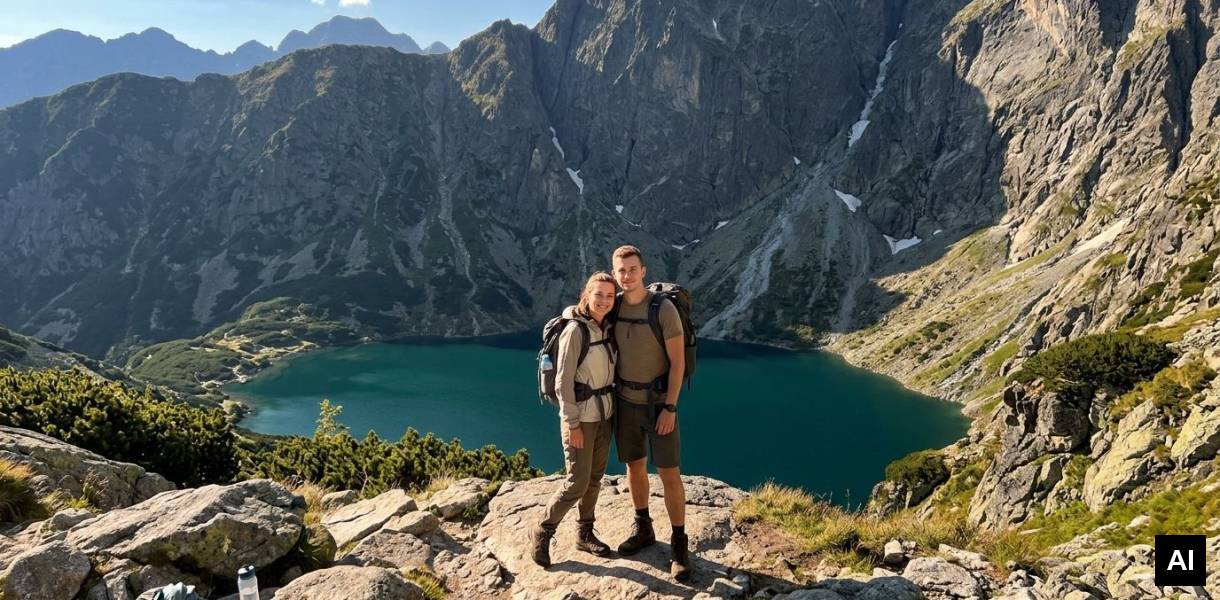 Para na skalnej półce z widokiem na Tatry