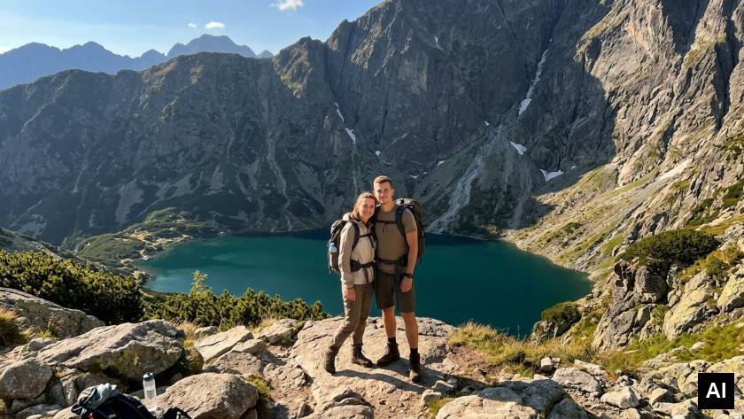 Para na skalnej półce z widokiem na Tatry