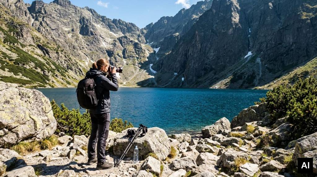 Photographer standing on lake shore
