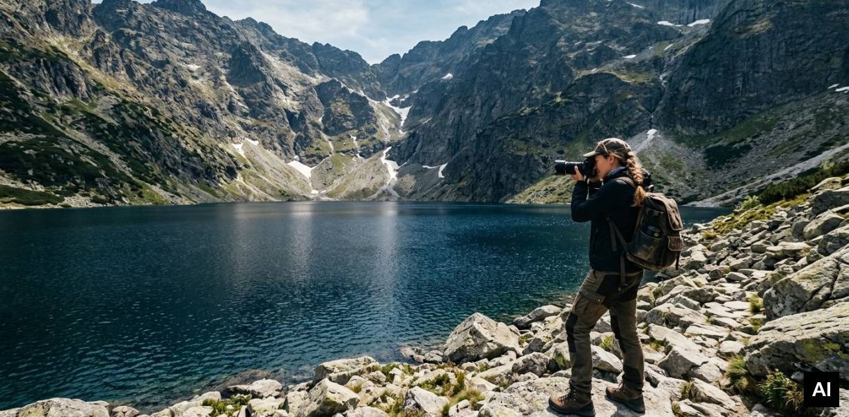Photographer standing on shoreline