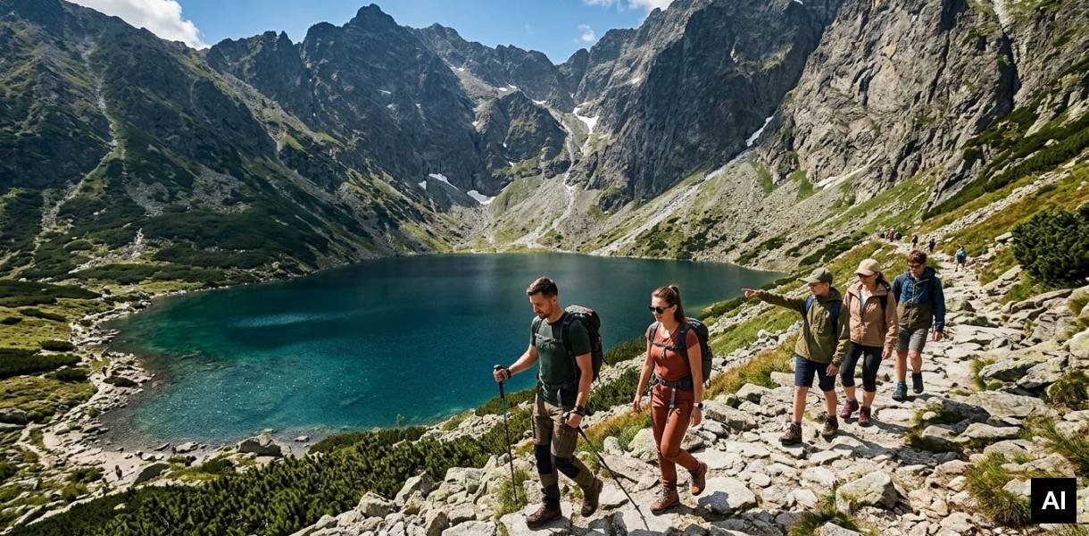 Rodzina na kamienistej górskiej ścieżce