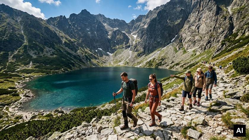 Rodzina na kamienistej górskiej ścieżce