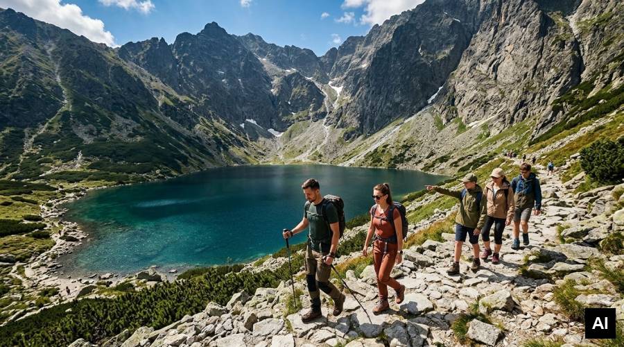 Rodzina na kamienistej górskiej ścieżce