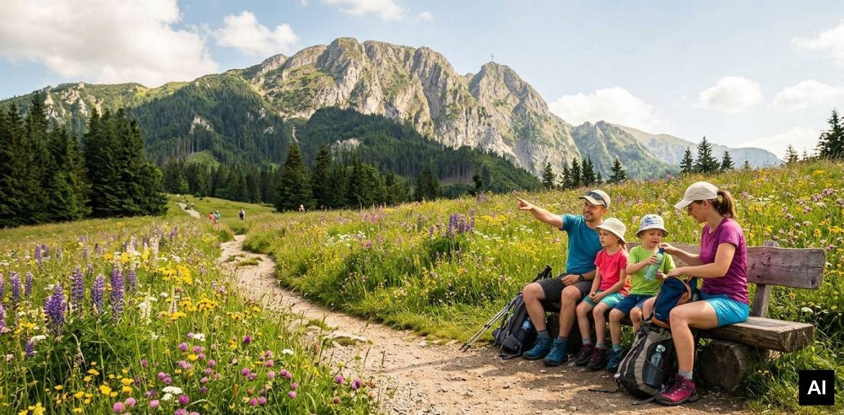 Rodzina na ławce z widokiem na góry