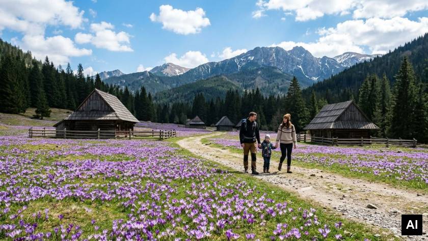 Rodzina wśród krokusów w dolinie