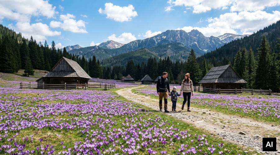 Rodzina wśród krokusów w dolinie