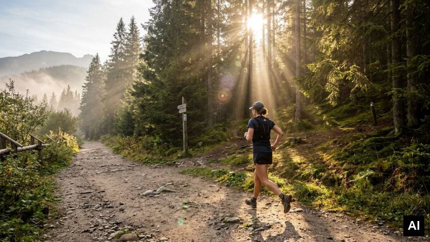 Trail runner jogging through forest