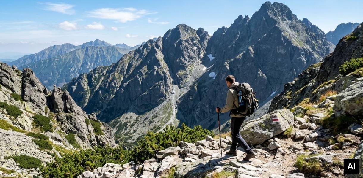 Trekker navigating mountain pass