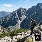 Trekker navigating mountain pass