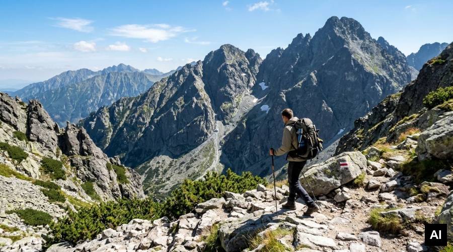 Trekker navigating mountain pass