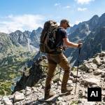 Trekker navigating mountain pass