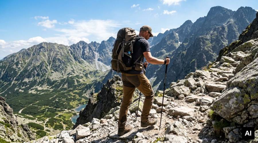 Trekker navigating mountain pass