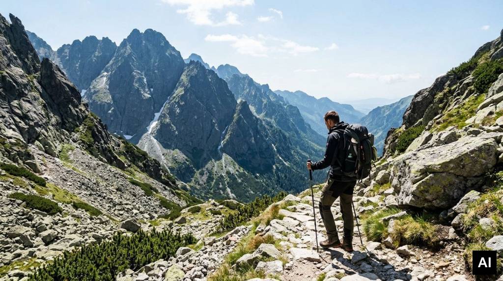 Trekker navigating mountain pass