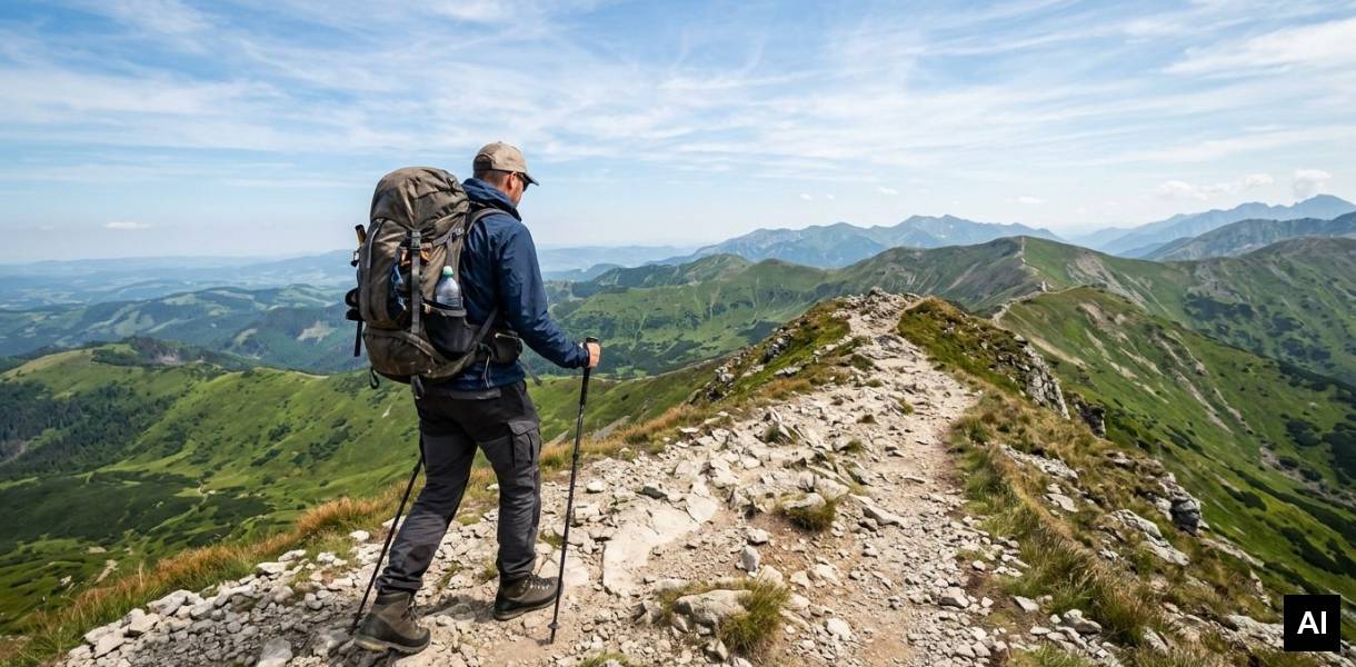 Trekker navigating rocky ridge