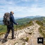 Trekker navigating rocky ridge