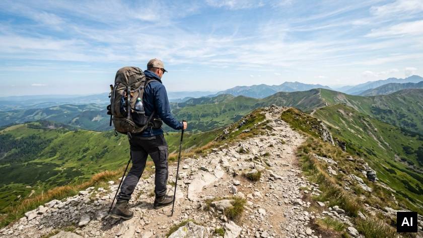 Trekker navigating rocky ridge