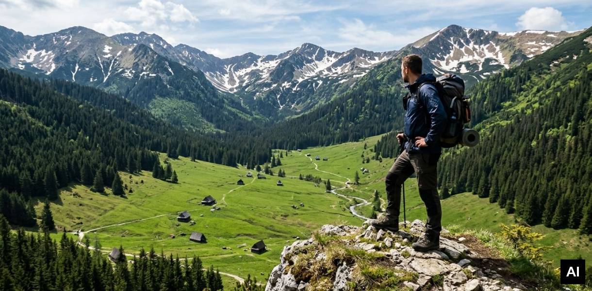 Turysta na skalnym występie