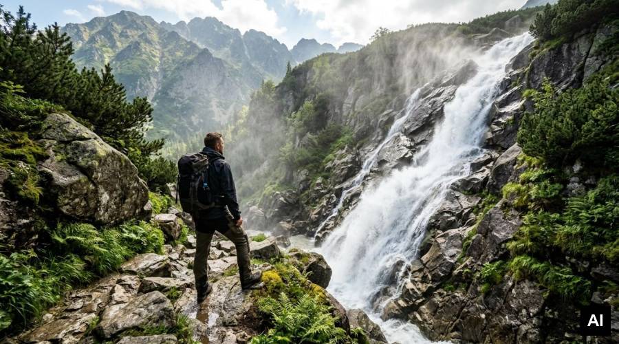 Turysta przy górskim wodospadzie