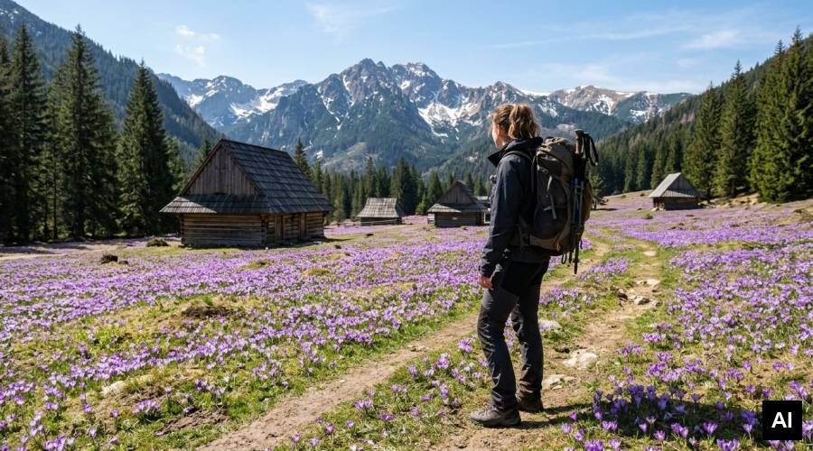 Turystka na górskiej polanie