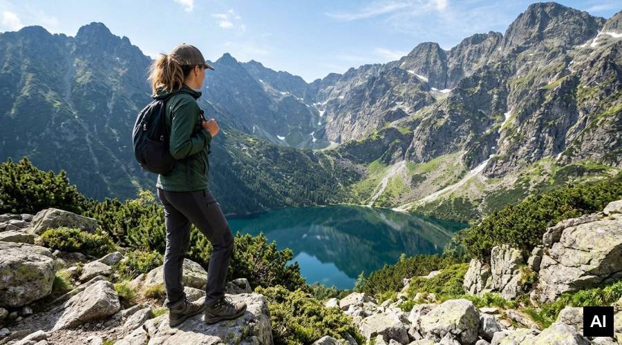 Turystka nad górskim jeziorem