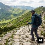 Woman ascending mountain stone path