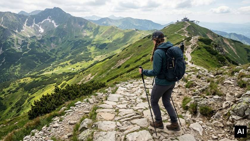 Woman ascending mountain stone path
