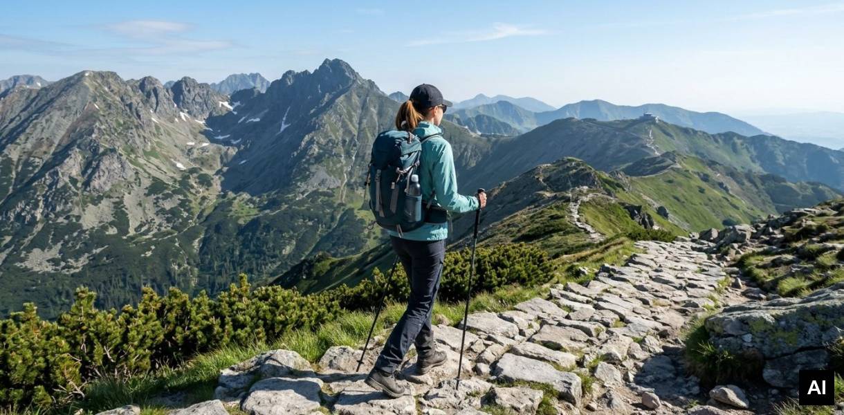 Woman walking on stone path