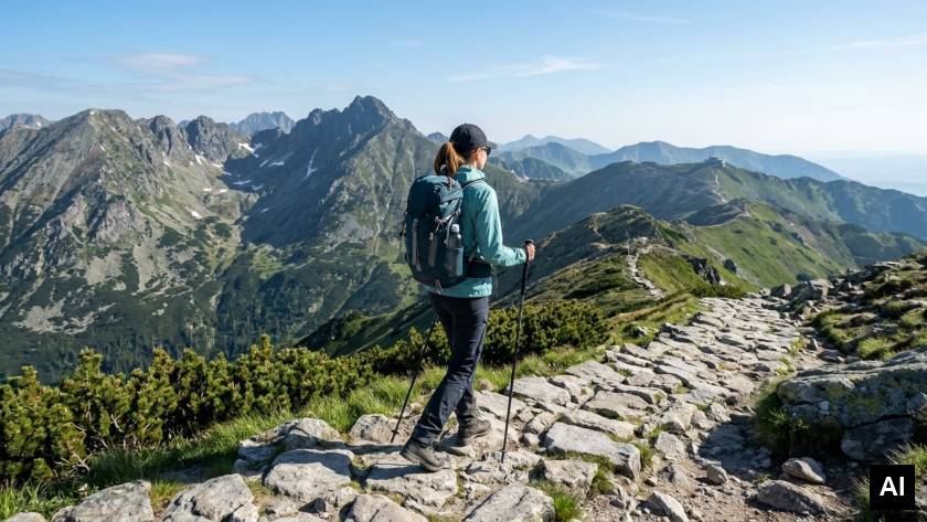 Woman walking on stone path